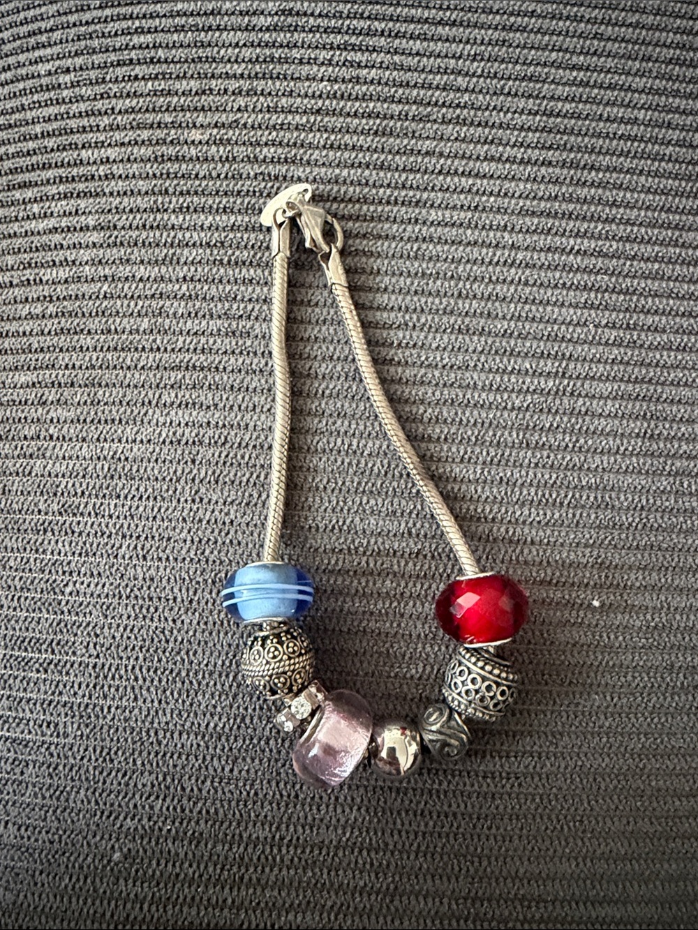 Silver Snake Chain Bracelet with Blue, Red and Pink Glass Beads